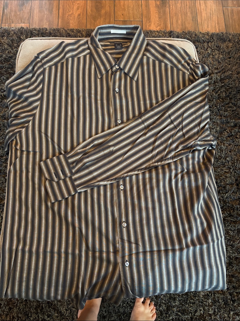 Claiborne Men’s Vertical Stripe Dress Shirt in Brown and Black